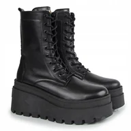 Botki damskie - Czarne botki workery CARINII B9796-E50 skóra modne platforma wiązane r.39 - miniaturka - grafika 1