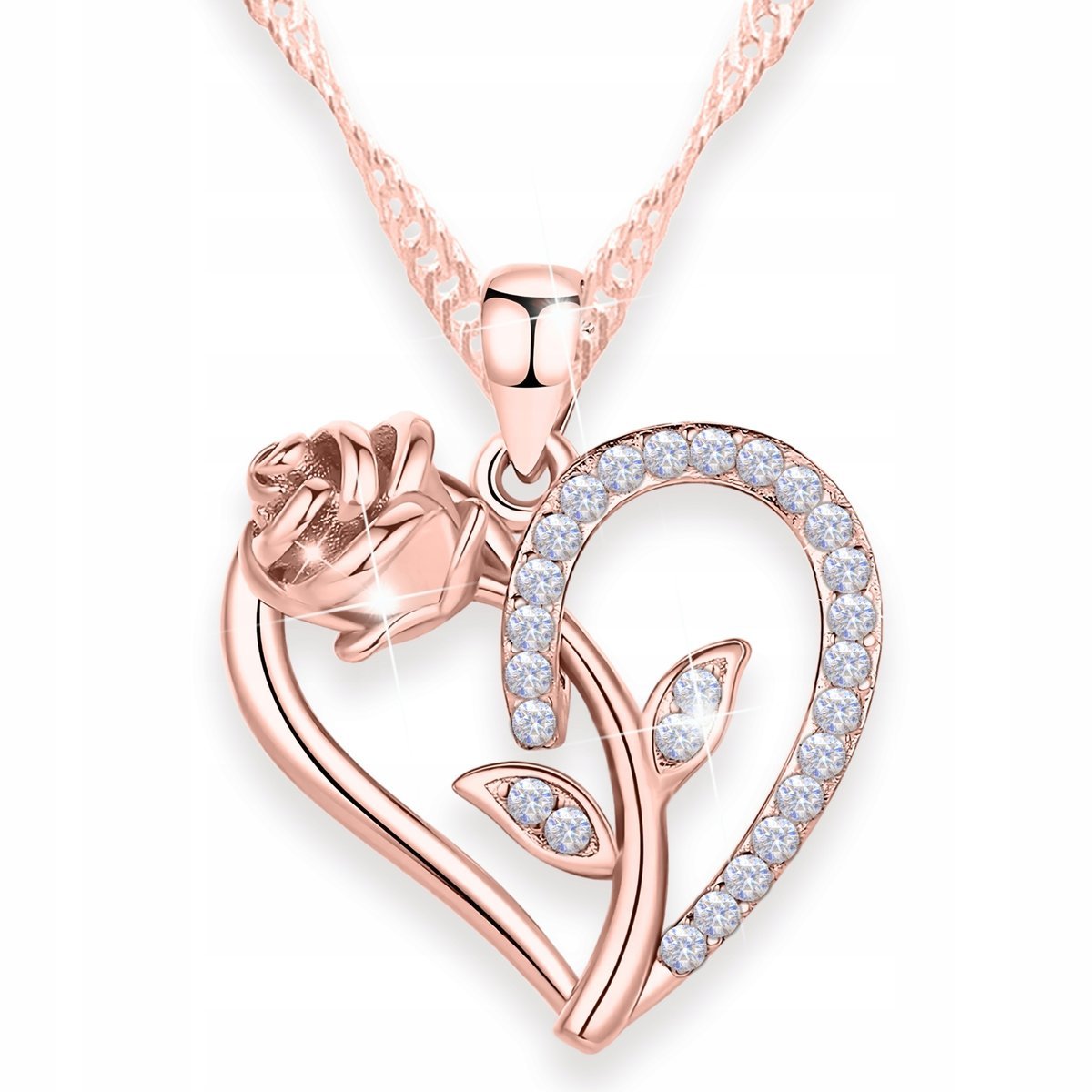 Naszyjnik Pozłacany z Kwiatem Sercem Serce Róża Cyrkonia Kwiat SREBRO 925