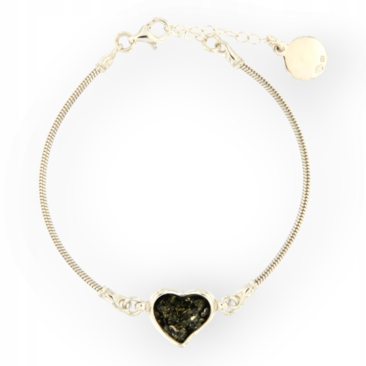 Bransoletka srebrna 925 z bursztynowym zielonym sercem - regulowana