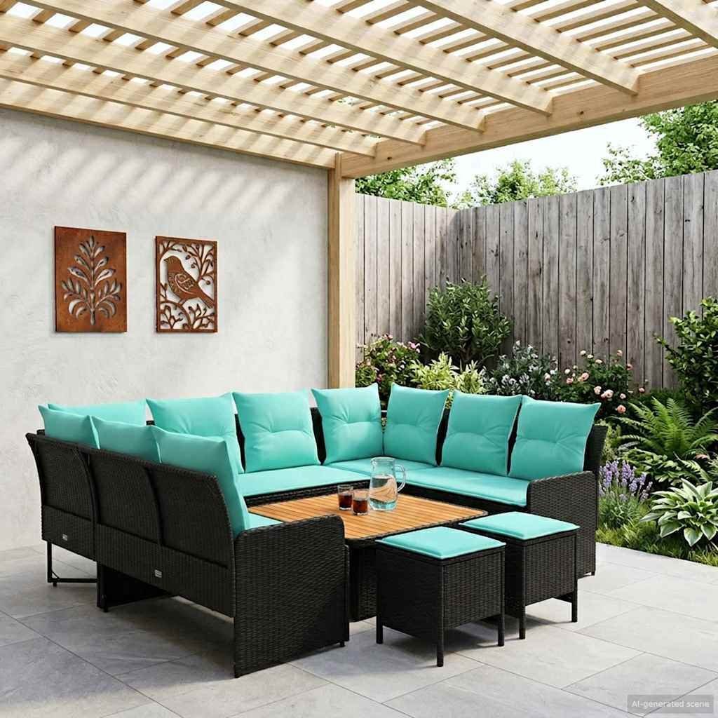 vidaXL Zestawy mebli z poduszką 8 pcs Czarny i Turkusowy Rattan PE