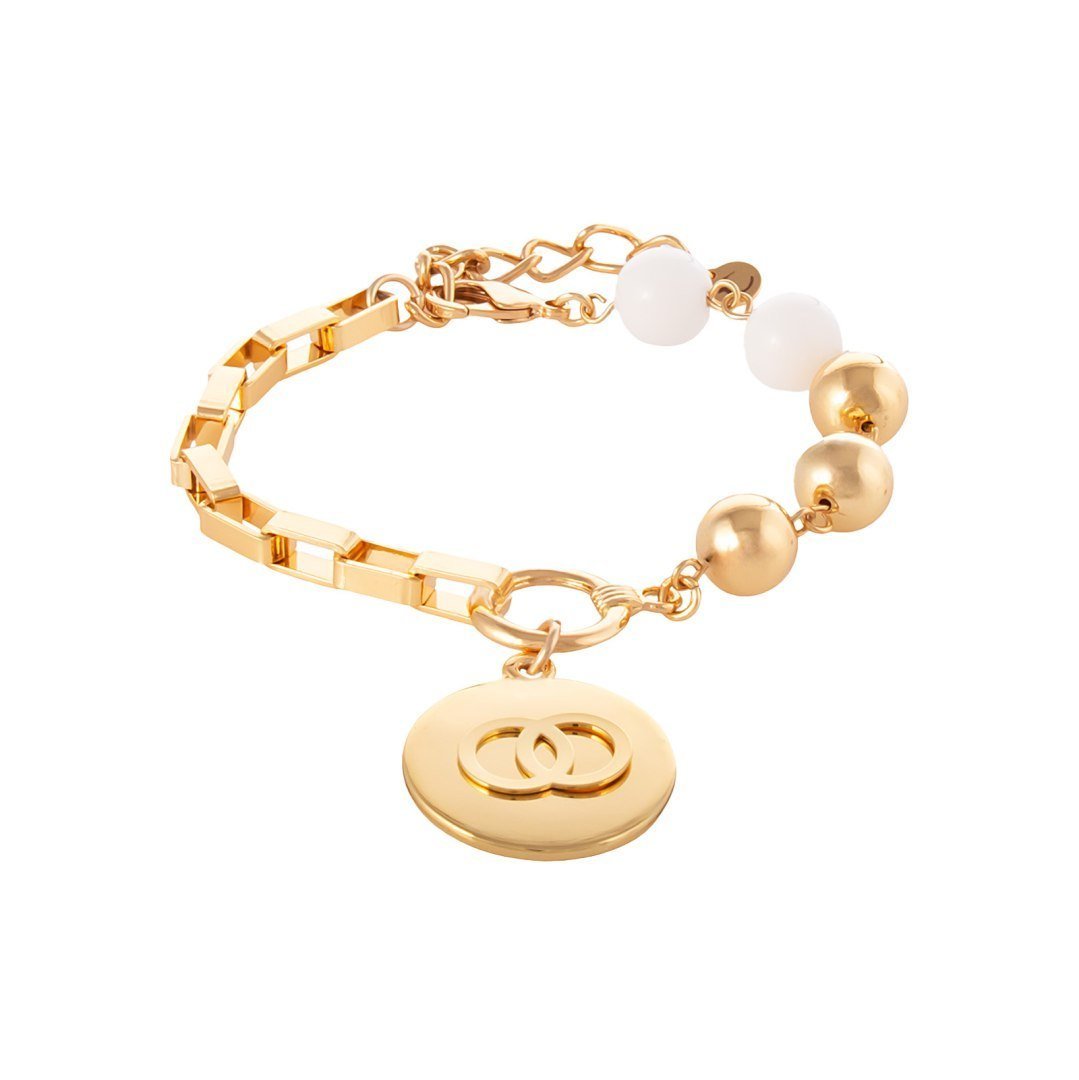 Bransoletka z agatów, kulek i łańcucha z zawieszką z kółeczkami w środku (B25/KOR/102AU)