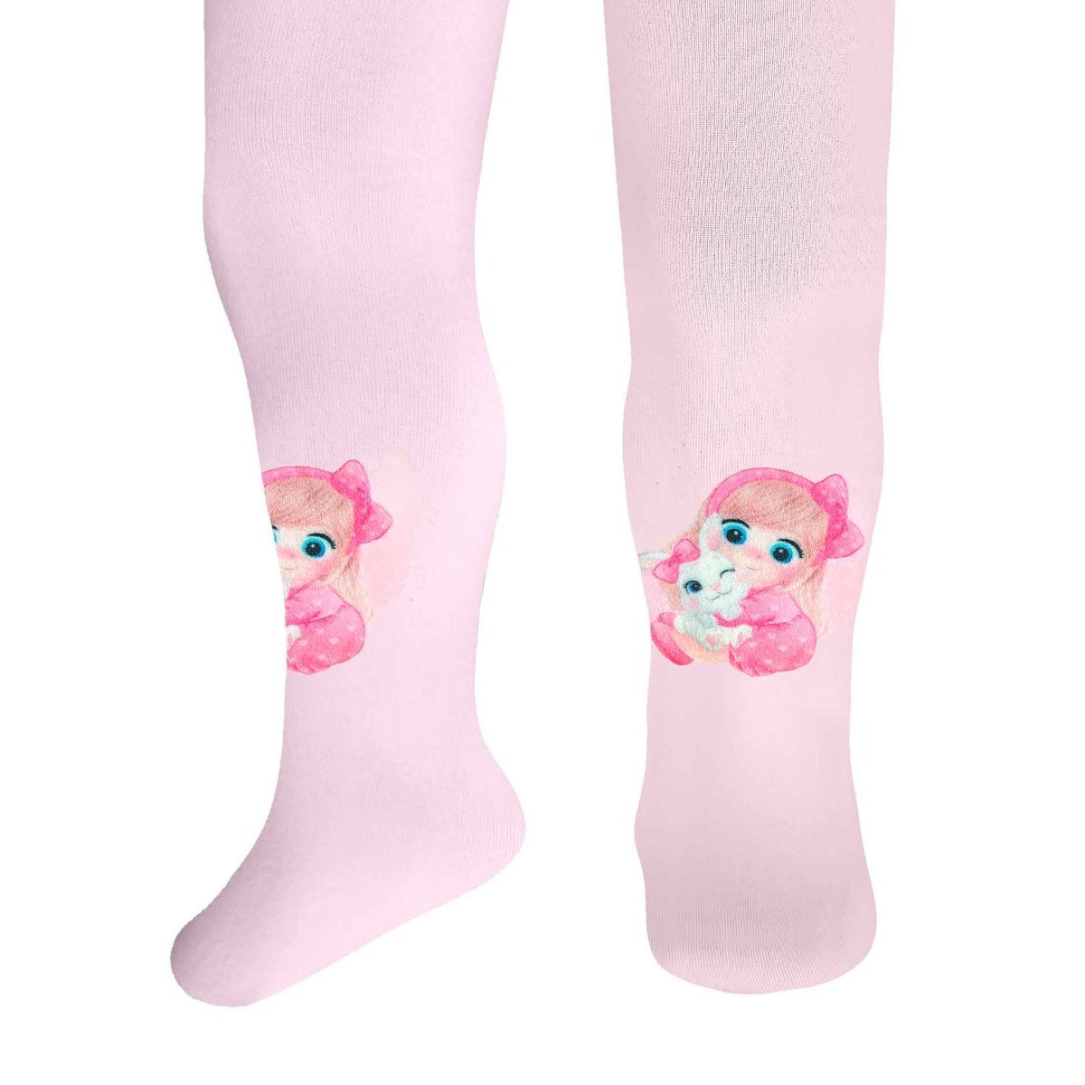 Rajstopy dziecięce milusie mikrofibra ecru z kolorowym nadrukiem dziewczynka z króliczkiem, jasnoróżowe, Milusie