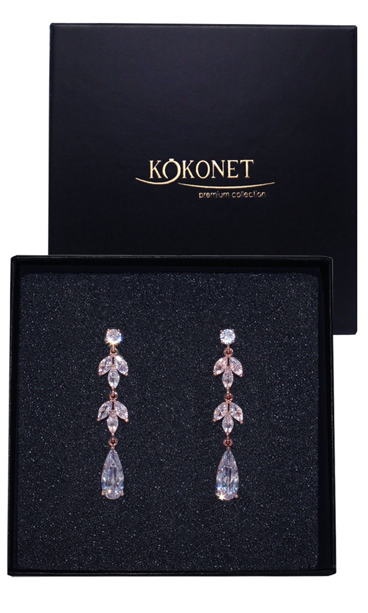 Długie kolczyki łezki listki WISZĄCE eleganckie ŚLUBNE ROSE gold okazja