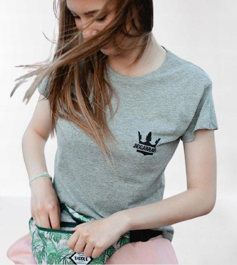 T-SHIRT Koszulka DAMSKA BAWEŁNIANA KLASYCZNA JIGGA logo MODNA SZARA S