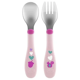 Chicco Sztućce metalowe 18 m+ różowe - Sztućce dla dzieci - miniaturka - grafika 1