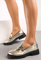 Mokasyny damskie - Złote Mokasyny na Grubej Podeszwie z Ozdobną Patką Bambina - miniaturka - grafika 1