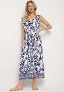 Niebieska Sukienka z Roślinnym Wzorem i Kopertowym Dekoltem z Gumką w Talii Orrune - Sukienki - miniaturka - grafika 1