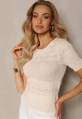 Bluzki damskie - Beżowa Klasyczna Bluzka w Ażurowy Wzór Lidakra - miniaturka - grafika 1