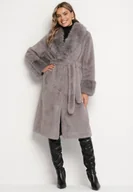 Płaszcze damskie - Szary Futerkowy Płaszcz z Szerokim Kołnierzem i Mankietami z Wiązanym Paskiem Viaruna - miniaturka - grafika 1