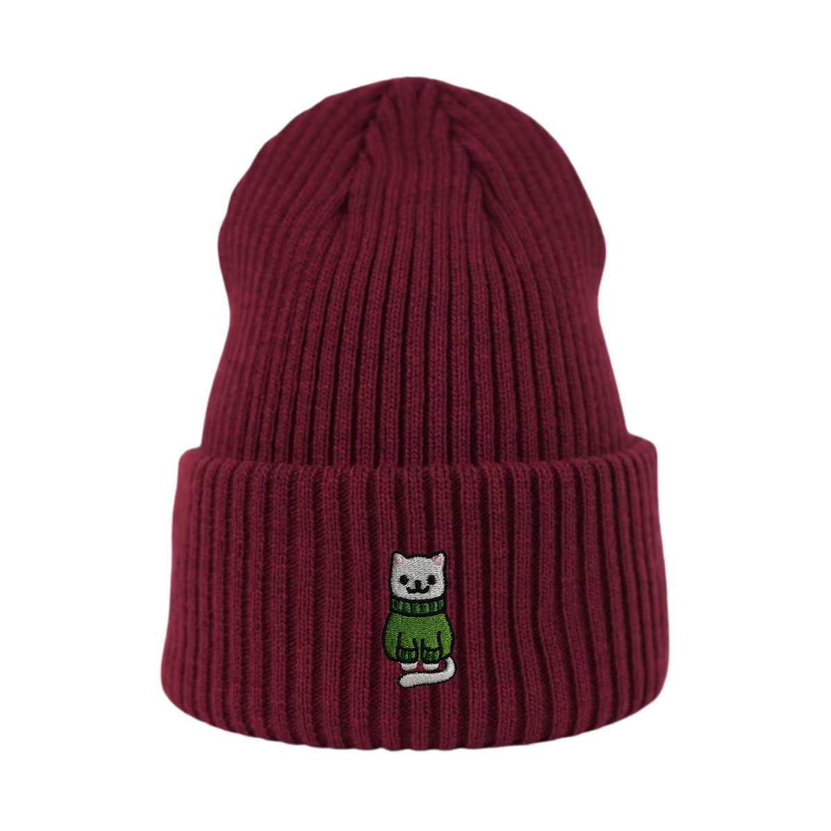 Haftowana czapka beanie - ZIMOWY BIAŁY KOTEK - bordowy