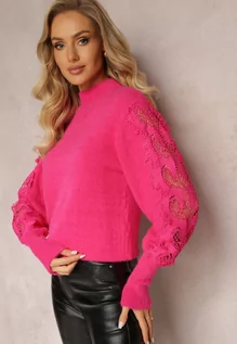 Swetry damskie - Różowy Puchaty Sweter Golf Ozdobiony Ażurową Koronką na Rękawach Agenna - grafika 1