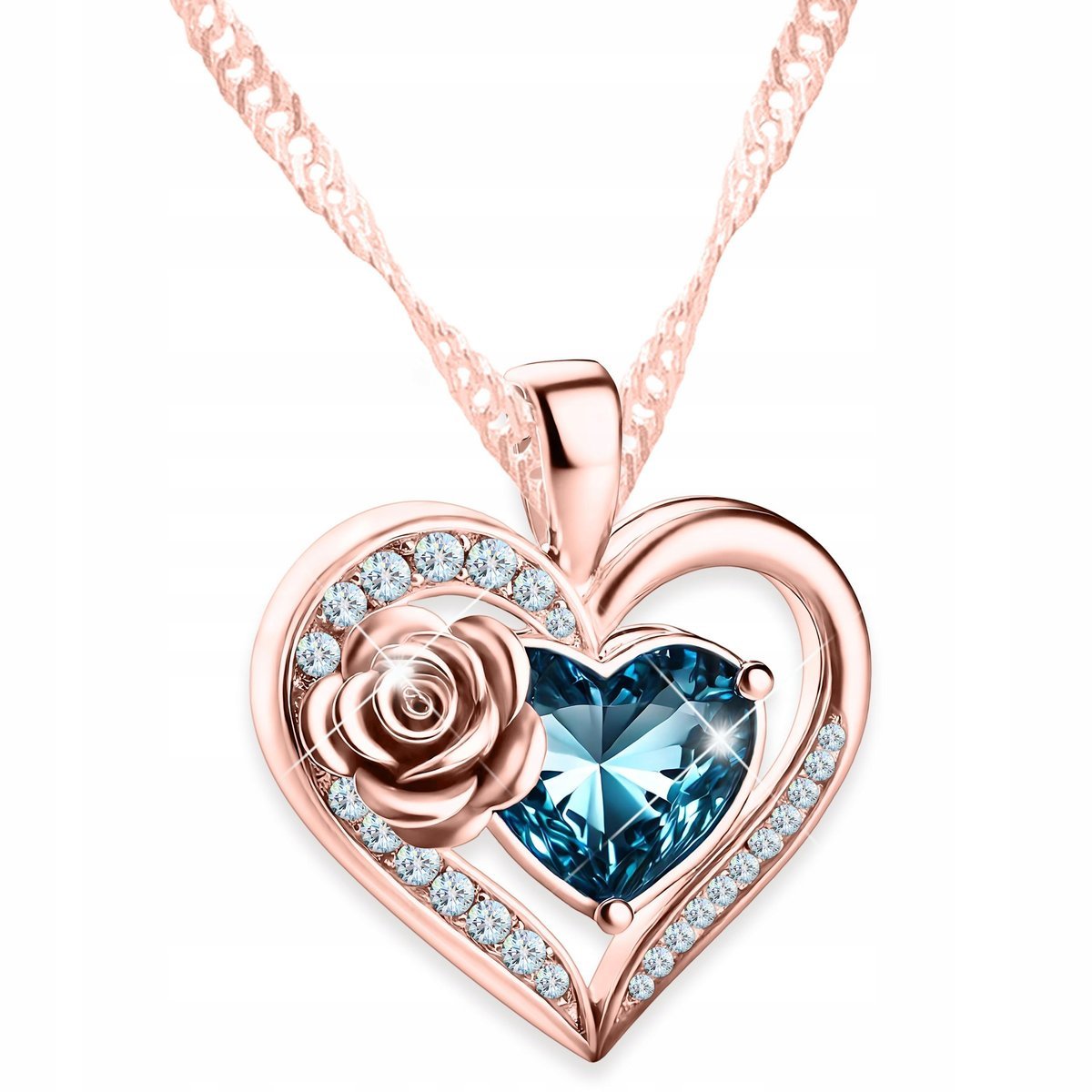 Naszyjnik Pozłacany Kwiat Róża Cyrkonie Niebieskie Serce Love SREBRO 925
