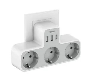 Tessan TS-323-DE-C 3 gniazda 2x USB-A USB-C Biało-szary - Przedłużacze i rozgałęźniki - miniaturka - grafika 1