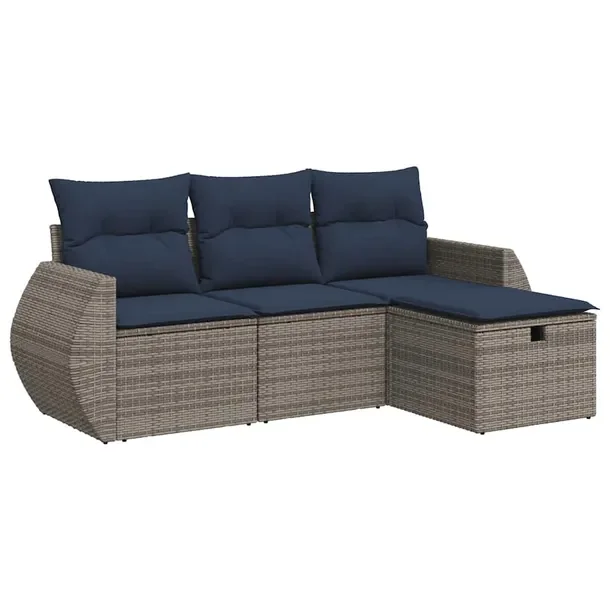 Zestaw wypoczynkowy szary z poduszkami, rattan PE i stal, 55 x 62 x 69 cm