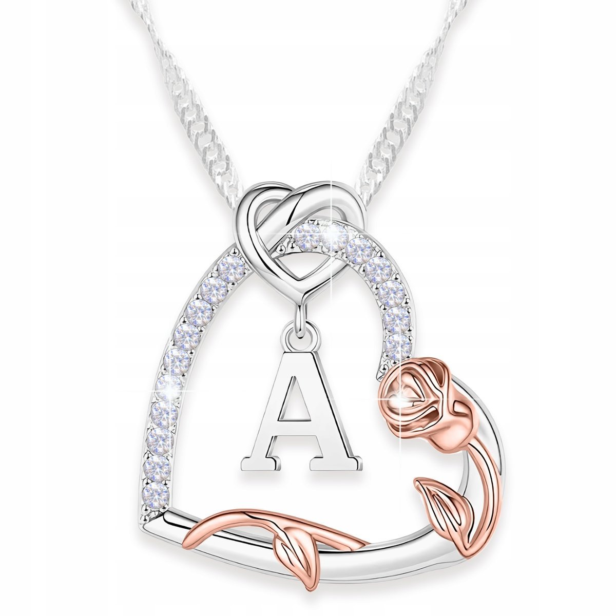 Naszyjnik Srebrny Serce Literka A Kwiat Życia Róża Cyrkonie Imię SREBRO 925