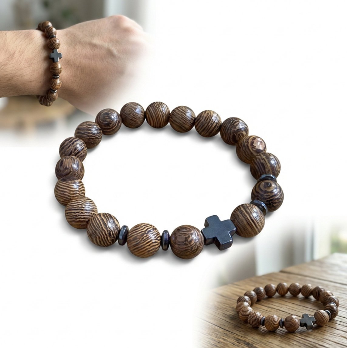 BRANSOLETKA męska DREWNIANA BRĄZOWA z krzyżykiem na gumce różaniec