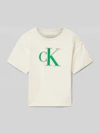 Koszulki dla dziewczynek - T-shirt o pudełkowym kroju z nadrukiem z logo - miniaturka - grafika 1