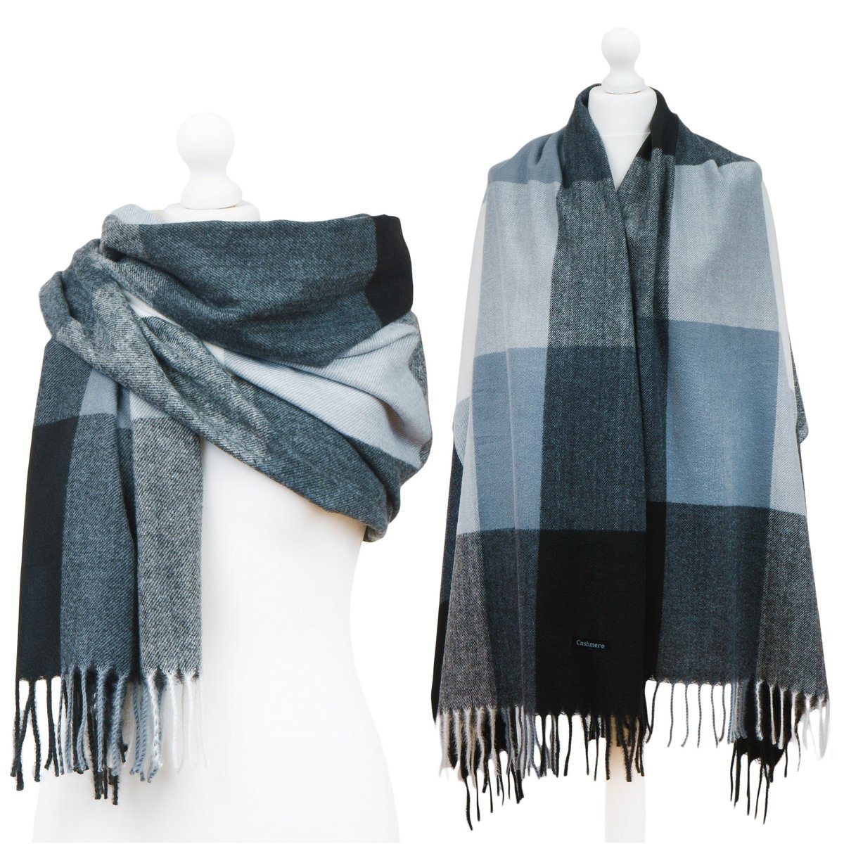 DUŻY PIĘKNY CIEPŁY SZAL SZALIK KASZMIROWY W KRATKĘ - SZA-H-9748-CZA-SZA