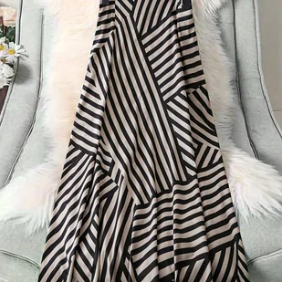 TEMU Damska elegancka spłaszczona spódnica z paskiem w paski - długa, czarno-biała spódnica z paskiem w paski, idealna na wiosnę/leto/jesień, od - Spódnice - miniaturka - grafika 1