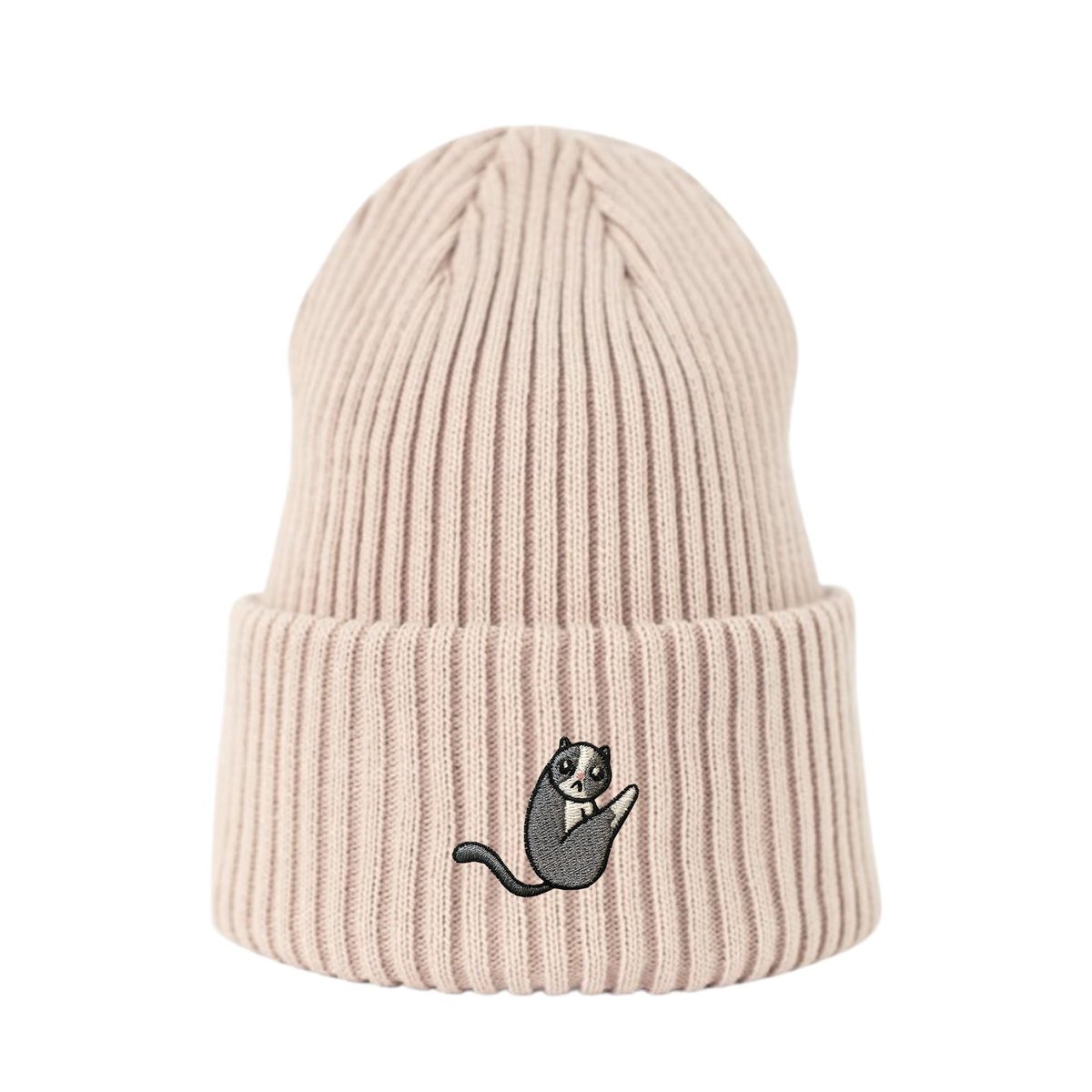 Haftowana czapka beanie - KOTEK W KĄPIELI - beżowy