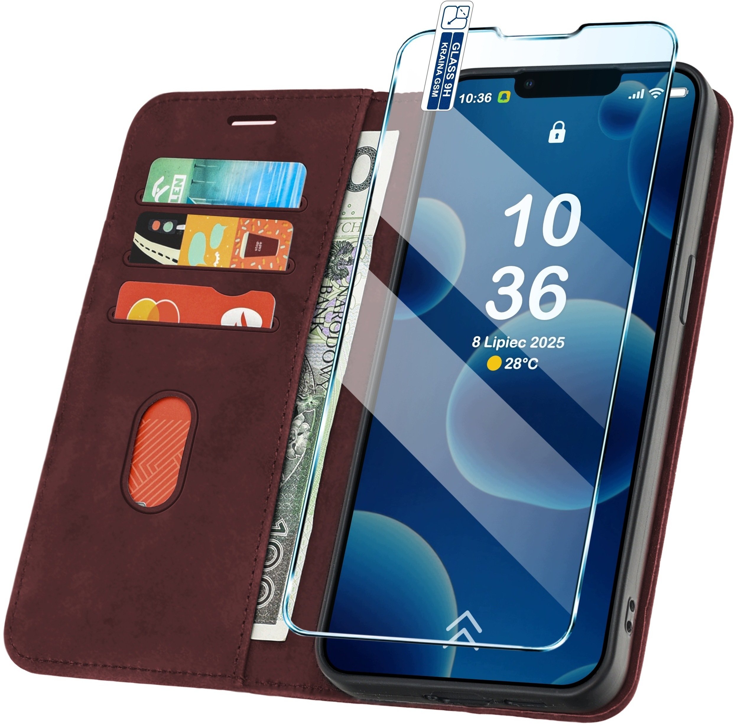krainaGSM Etui z klapką do iPhone 13 14 zamykane magnetyczne skórzane + szkło 9H