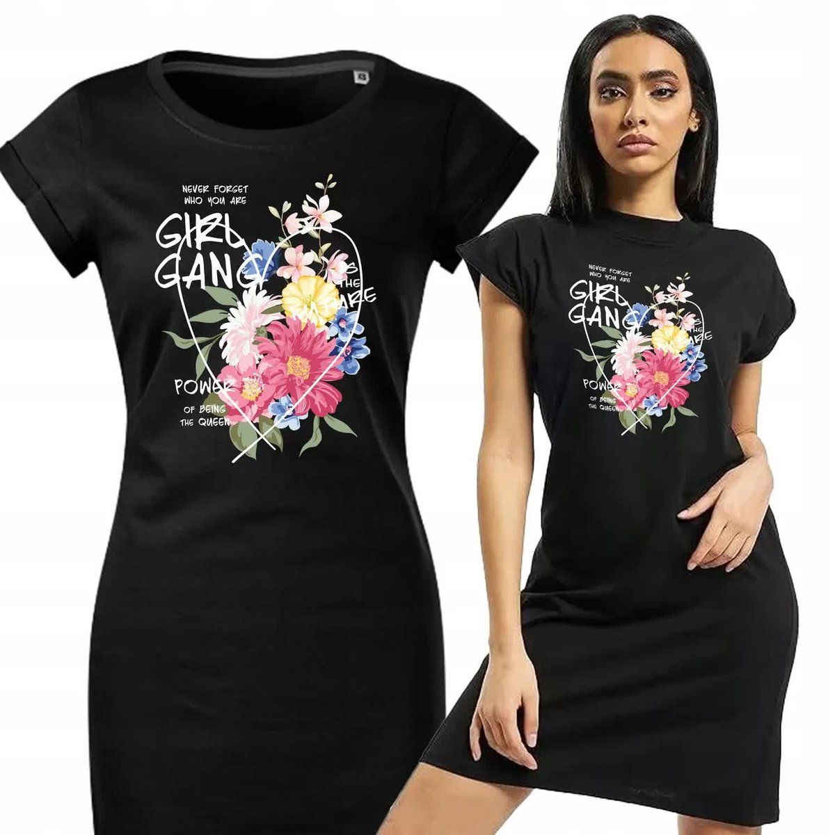 PIŻAMA DAMSKA CZARNA Koszula Nocna Wygodna Na Prezent GIRL GANG Wzory - M