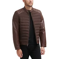 Kurtki męskie - DKNY Męska kurtka męska Mixed Media Faux Leather Puffer Motocros Racer Jacket, brązowa, duża - miniaturka - grafika 1