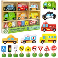 Samochody i pojazdy dla dzieci - WOOPIE GREEN Zestaw Drewnianych Pojazdów i Znaków Drogowych 15 el. - miniaturka - grafika 1