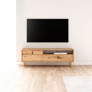 Stojąca Szafka RTV 150 cm Półka pod Telewizor DĄB DREWNIANE NOGI uchwyty EKOSKÓRA - Szafki RTV - miniaturka - grafika 1