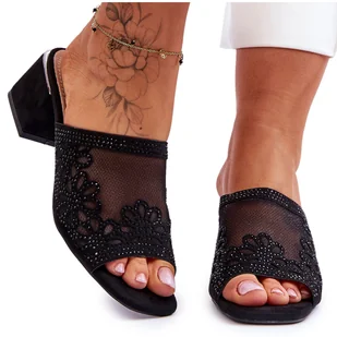 Klapki Na Obcasie Z Siateczką S.Barski KV-612-1 Czarne - Klapki i japonki damskie - miniaturka - grafika 1