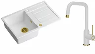 Zlewozmywaki z baterią - Quadron Zlewozmywak granitowy jednokomorowy 78*50*22 cm z ociekaczem MORGAN 111 SNOW WHITE ze złotym odpływem z baterią NATALIE Q LINE SNOW WHITE kolor biały mat/wykończenie złote - miniaturka - grafika 1