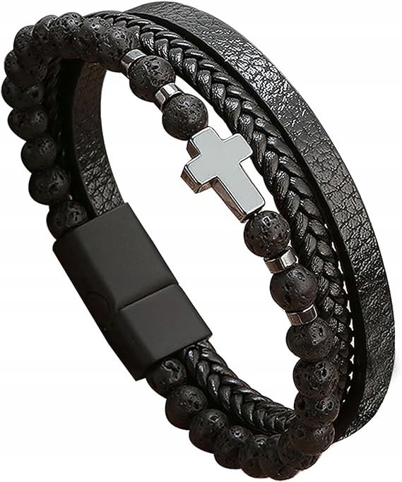 Męska Skórzana Bransoletka z Koralikami Kamień Wulkaniczny Lawa