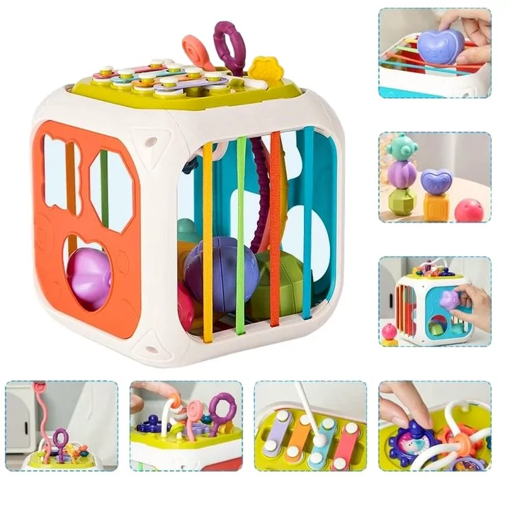 Edukacyjna kostka Montessori : sorter kształtów, cymbałki, labirynt z koralików, sznurki, koła zębate, klocki sensoryczne.