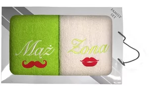 Komplet ręczników w pudełku 2 szt. 70x140 Usta Wąsy Mąż Żona Seledynowy Kremowy - Ręczniki - miniaturka - grafika 1