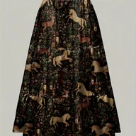 Spódnice - TEMU Damska gotycka sukienka w stylu z nadrukiem średniowiecznego lasu i zamku - długa, rozkloszowana spódnica, fason A, elegancki strój gotycki na - miniaturka - grafika 1