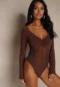 Body - Brązowe Body Vices o Fasonie Longsleeve z Dekoltem w Kształcie V Asstre - miniaturka - grafika 1