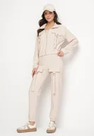 Spodnie sportowe damskie - Jasnobeżowy Komplet Dresowy Bluza Rozpinana i Spodnie Slim w Stylu Utility Telavienna - miniaturka - grafika 1