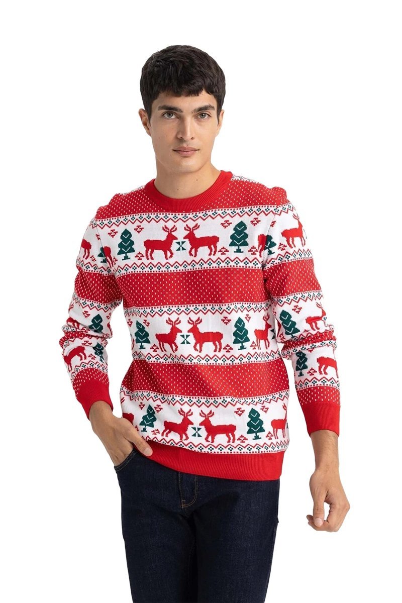 DEFACTO SWETER MĘSKI CZERWONY ŚWIĄTECZNY WZÓR Z DEKOLTEM OKRĄGŁYM M 5DA