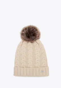 Czapka damska z warkoczowym splotem i pomponem jasnobeżowa - Czapki damskie Czapka damska z warkoczowym splotem i pomponem jasnobeżowa - Czapki damskie - miniaturka - grafika 1