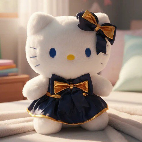 PLUSZOWA MASKOTKA KOTKA W GRANATOWEJ SUKIENCE Z KOKARDKAMI 50 CM PRZYTULANKA