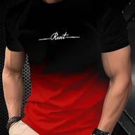 Koszulki męskie - TEMU Męska koszulka z gradientem - Dekoracja od czerwonej do czarnej, swobodny krój, krótki rękaw, idealna na imprezy, festiwale muzyczne i codzienną - miniaturka - grafika 1