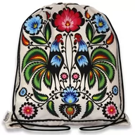 Plecaki worki - Plecak-worek folk łowicki impregnowany koguty zielone wycinanka beżowy - miniaturka - grafika 1