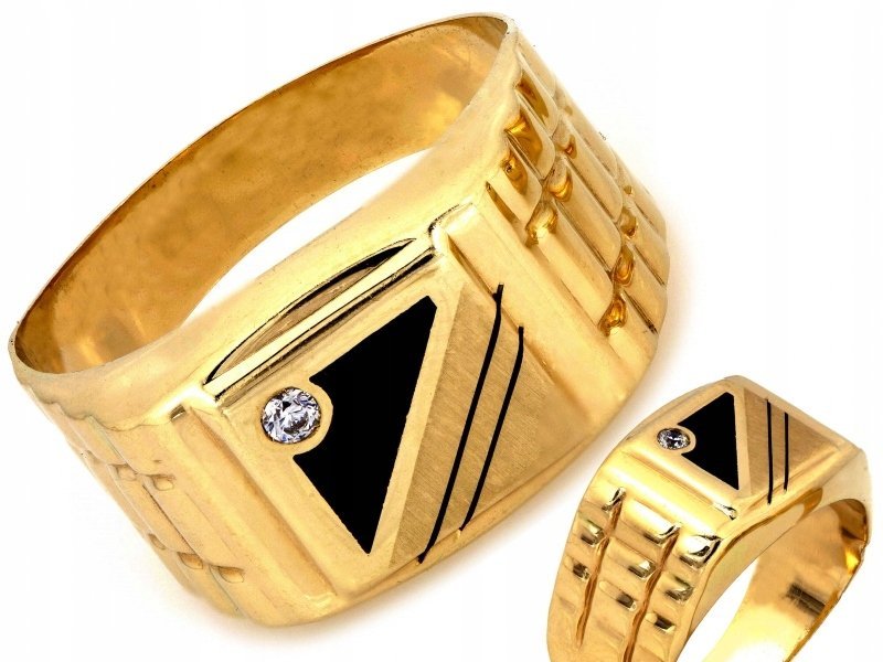 Elegancki Złoty sygnet 585 14k szeroki z cyrkonią i czarną emalią R26 4.46g