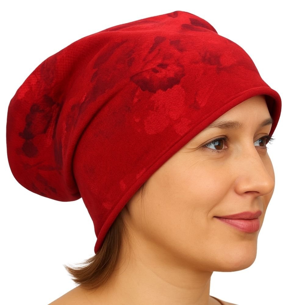 Czapka damska Beanie włoska cienka smerfetka czerwona kwiatowa