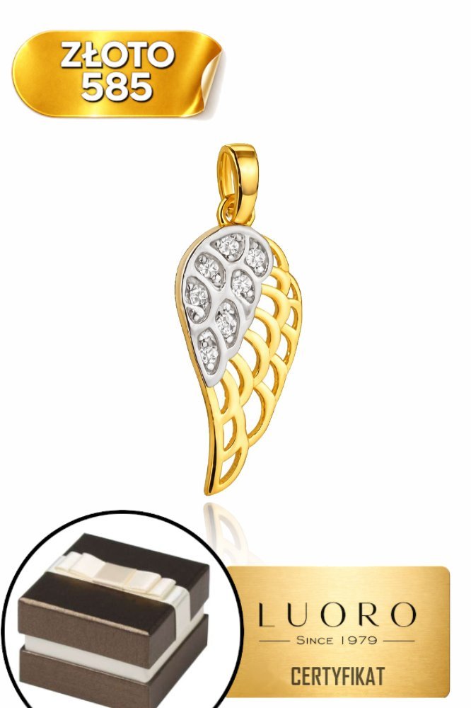 ZAWIESZKA ZŁOTA 585 14K SKRZYDŁO DWUKOLOROWA Z CYRKONIĄ 23,5 MM ELEGANCKA
