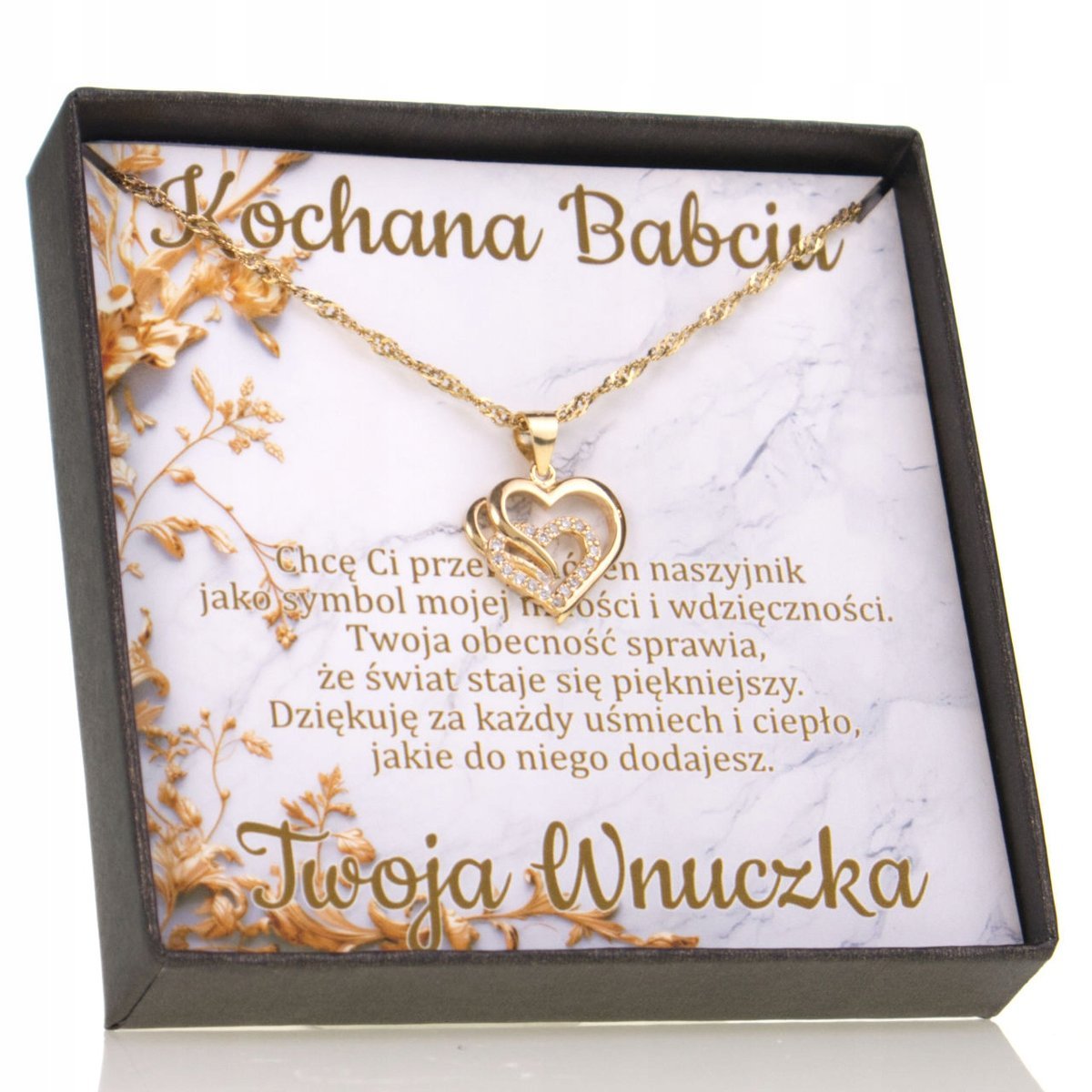 Złoty Naszyjnik dla Babci Dedykacja Prezent Serce