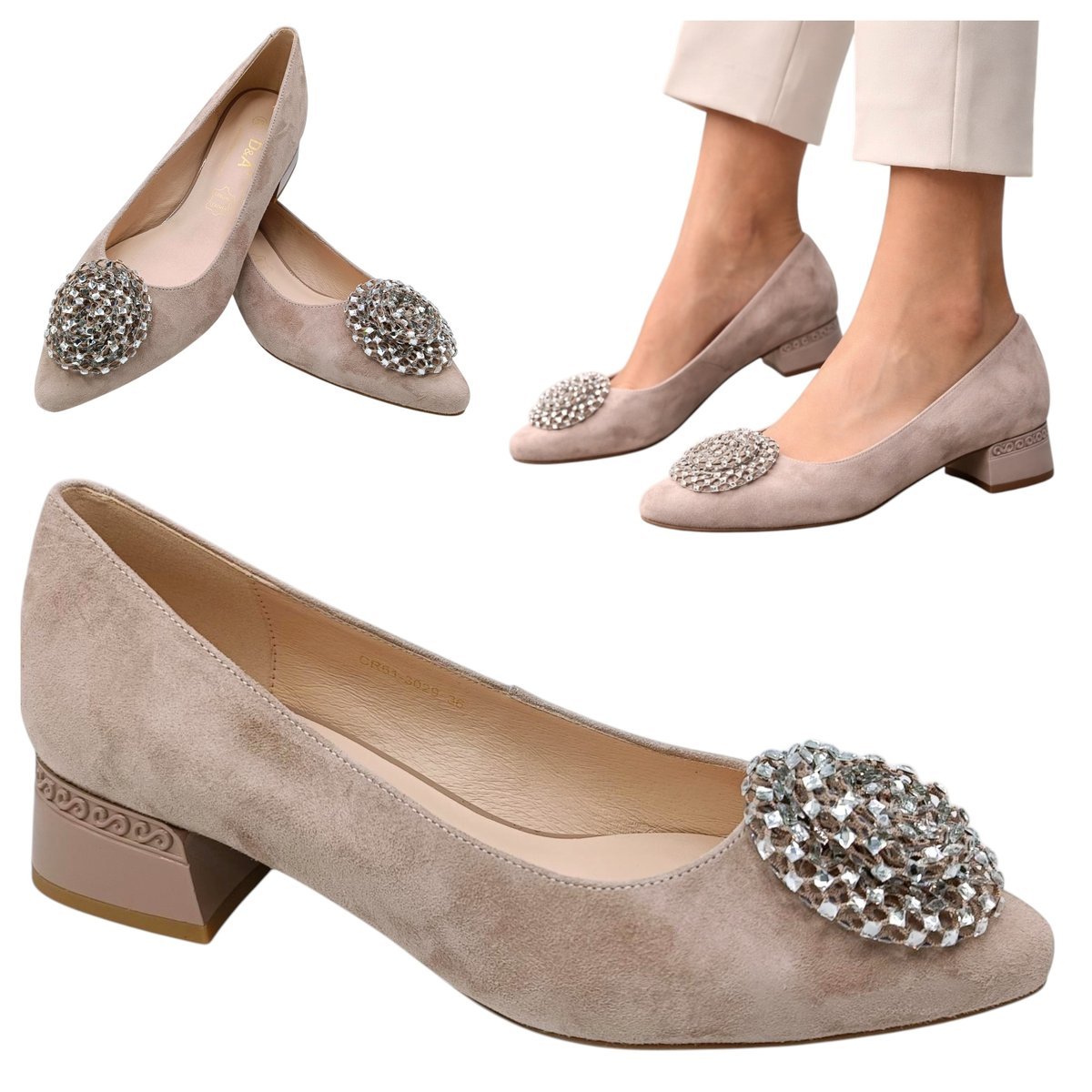 Czółenka Damskie SKÓRZANE na Obcasie Zamsz Eleganckie Wygodne Beż Barski 37