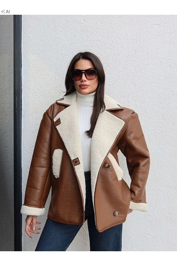 BRĄZOWA KURTKA DAMSKA Z EKO KOŻUSZKIEM ELEGANCKA M 5IA