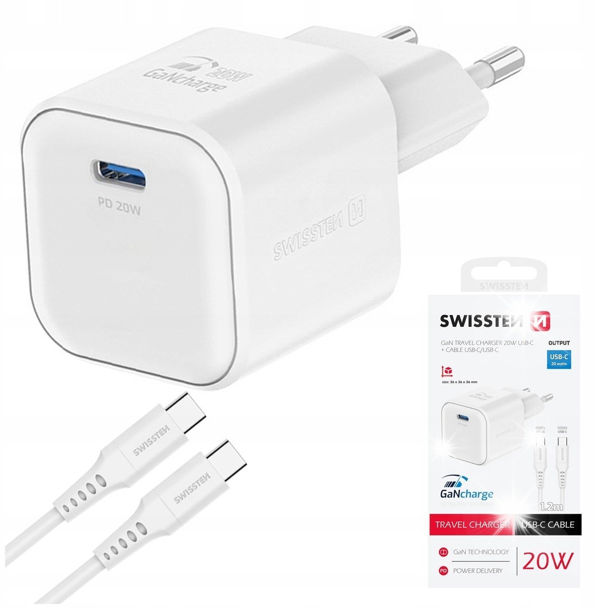 SZYBKA ŁADOWARKA SIECIOWA GaN 20W Power Delivery + kabel USB-C / USB-C