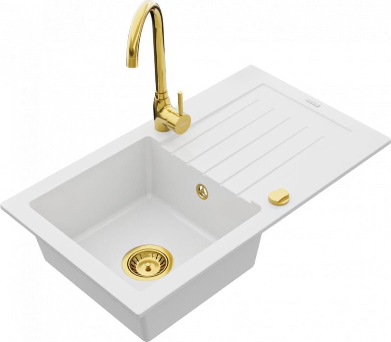 Mexen Zlewozmywak   Pablo zlewozmywak granitowy 1-komorowy z ociekaczem i baterią kuchenną Telma, biały - 6510-20-670200-50